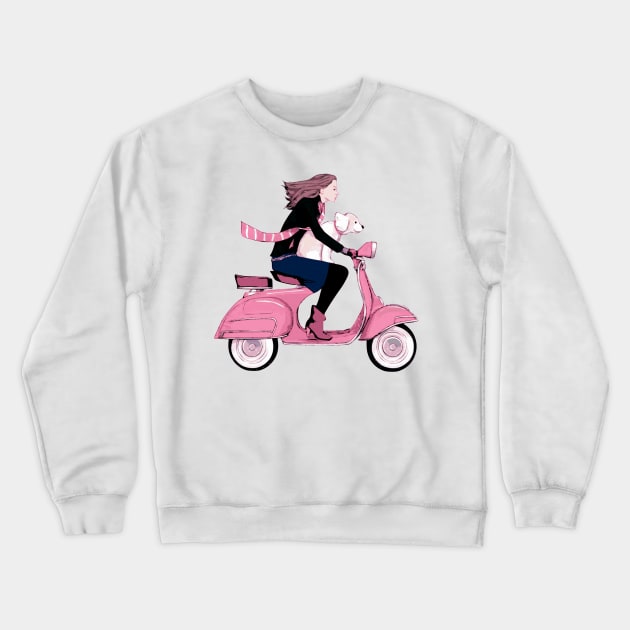 Fun Girl and Dog on Pink Scooter Crewneck Sweatshirt by SandraKC